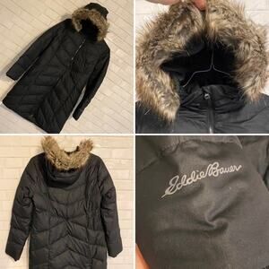Eddie Bauer $299 NWOT Down Hooded Long Womens Parka Coat BLK sz MED